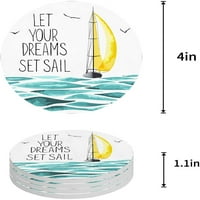 Нека Вашите Соништа Плови Жолта Едрилица во Морето Сет На Тркалезна Подлога За Пијалоци, Абсорбента Керамички Камени Подлоги