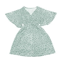 Летни Фустани За Жени Мода Секојдневен V-Вратот Краток Ракав Цветни Мини Фустани Кратки Лабави Женски Фустани Зелена XL