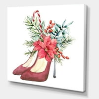 Црвени велур чевли со потпетици со божиќен црвен цветник за сликање на платно уметничко печатење