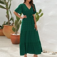Женска Летна Мода Со Кратки ракави Со Висок појас Боемски Фустан Со Долги Кратки ракави, Зелен