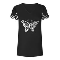 Женско Лето В-Вратот Пеперутка Печатени Блузи Маици Секојдневен Чипка Краток Ракав Блуза Црна XL