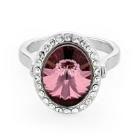 & O Родиум позлатен прстен со приврзок со голем овален фацетиран антички розов кристал Сваровски опкружен со бели кристали на